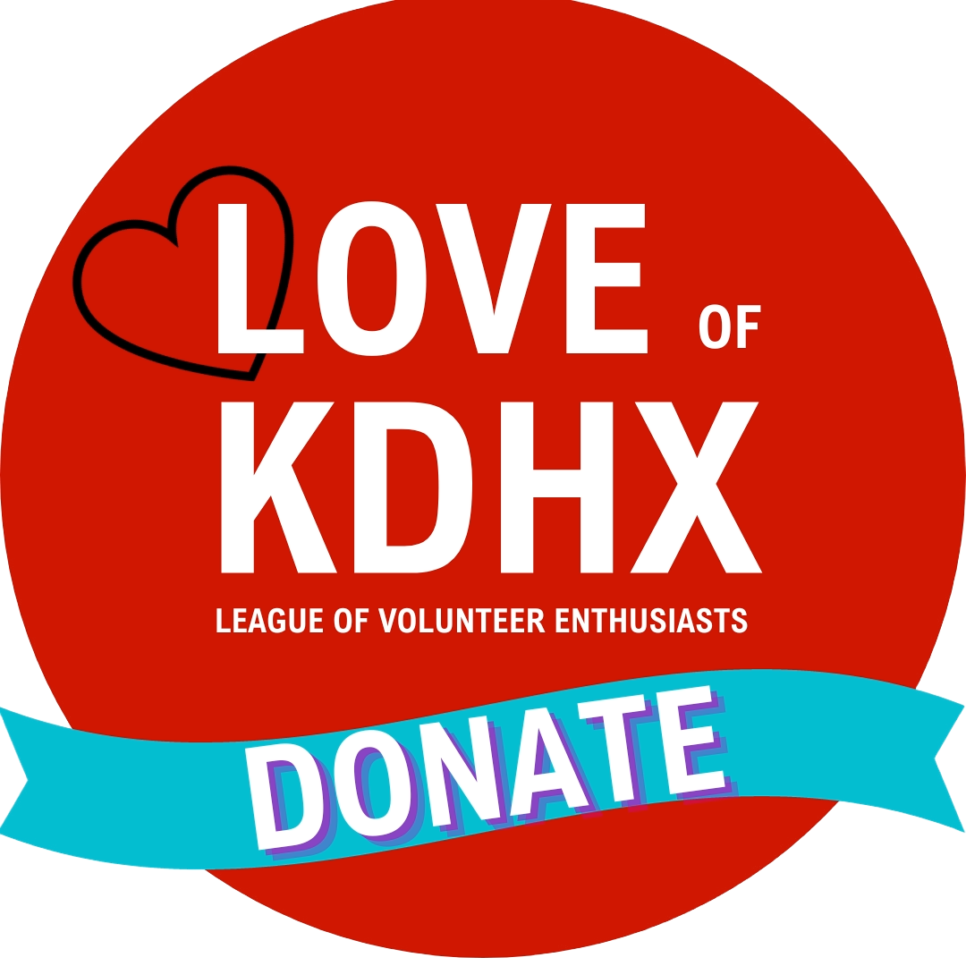 A red circle with white text: LOVE of KDHX; League of Volunteer Enthusiasts. At the bottom is a bright blue banner that reads "Donate"